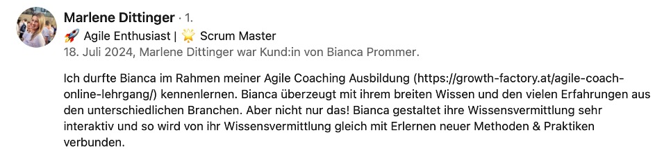 Dieses Bild zeigt die LinkedIn Bewertung der Zusammenarbeit mit Bianca Prommer